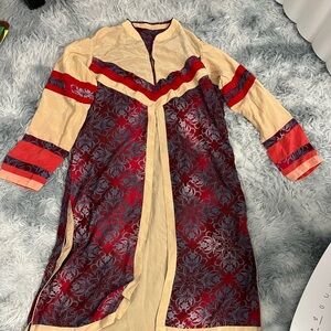 Chic Long Sleeve Red and Cream Georgette Dress or Kurti